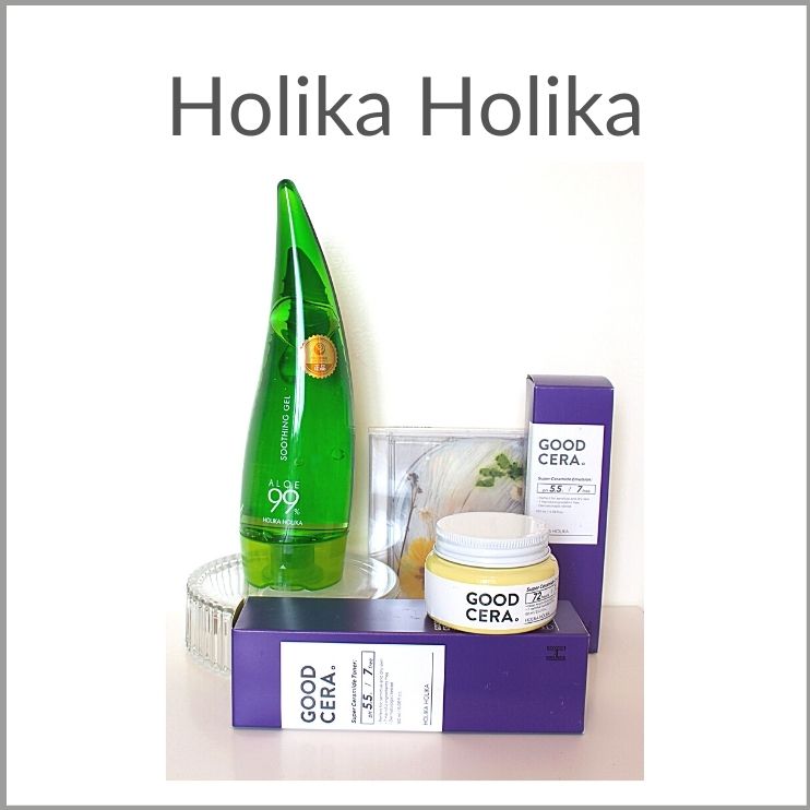 Good cera Cremetiegel in gelb, Verpackungen in lila, Soothing Gel-Tube in grün von Holika Holika