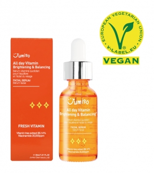 All day Vitamin Brightening & Balancing Facial Serum mit Verpackung und Vegan Emblem